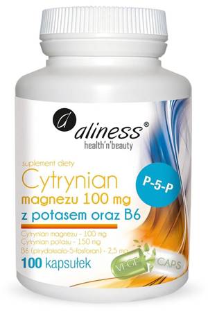 Magnez (cytrynian magnezu) 100 mg + potas i witamina B6 100 vege kaps, Aliness